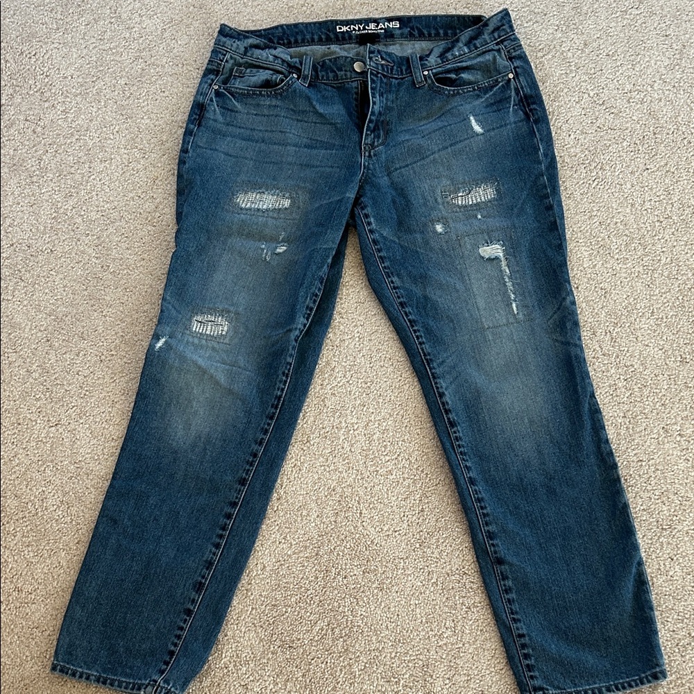 DKNY Women's Straight Leg Distressed Jeans - Dark Blue